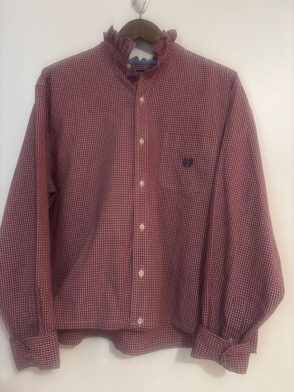 Womens Upcycled Ruffle Collar Chaps Red Check Button Down